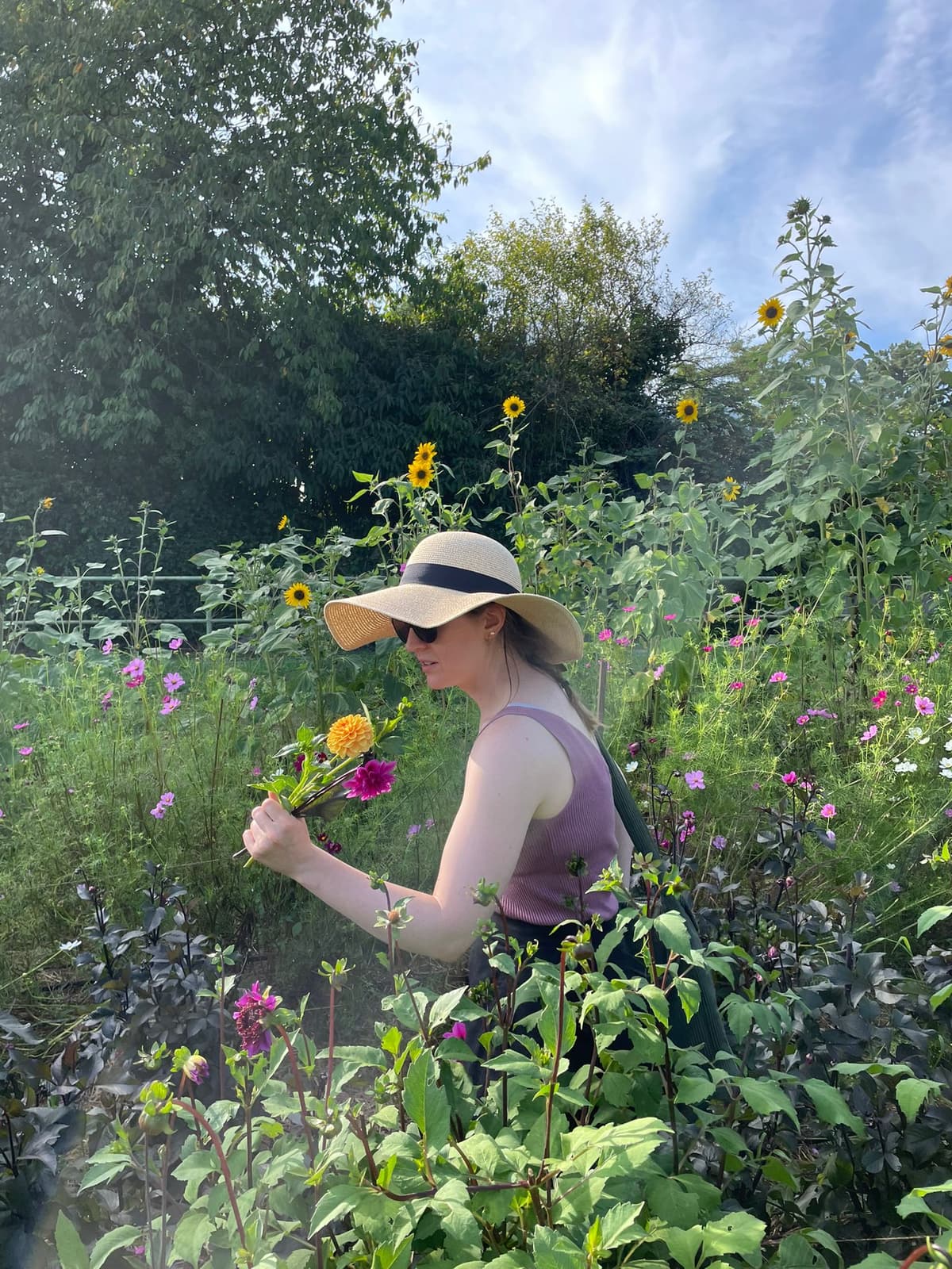A woman in a sun hat stands in a field of flowers with some cut flowers in her hand.